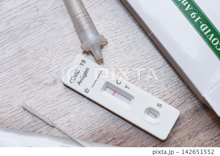 Covid-19 antigen test kit on a table, Tested for Covid-19 with a nasal swab. Rapid Antigen Test during Coronavirus Pandemic Covid-19 antigen test kit on a table, Tested for Covid-19 with a nasal swab. Rapid Antigen Test during Coronavirus Pandemic 142651552