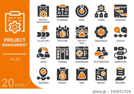 project management filled glyph icon set,20 vector icons 142651729