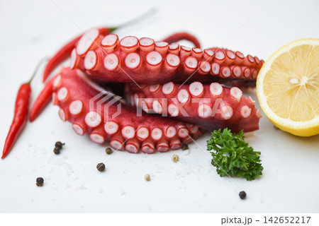 Octopus isolated on white background, Boiled octopus tentacles seafood squid cuttlefish Octopus isolated on white background, Boiled octopus tentacles seafood squid cuttlefish 142652217