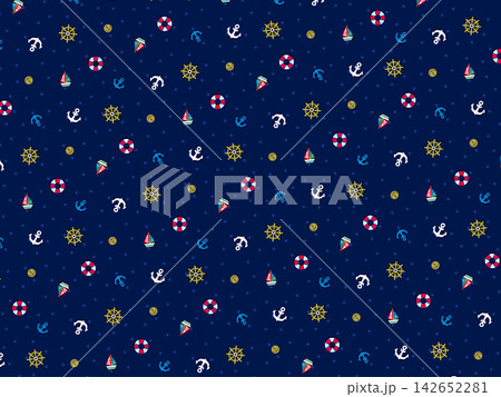 Cute seamless nautical pattern with colorful anchors, sailboats, ship wheels and lifebuoys on dark navy blue background with polka dots. Baby and kids maritime fabric design. Cute seamless nautical pattern with colorful anchors, sailboats, ship wheels and lifebuoys on dark navy blue background with polka dots. Baby and kids maritime fabric design. 142652281
