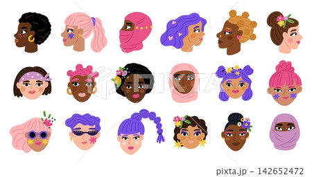 Portraits of women in full face and profile. Abstract female figures. Contemporary makeup and hairstyles in various colors. Hairs with flowers. Trendy haircuts. Doodle avatars vector set Portraits of women in full face and profile. Abstract female figures. Contemporary makeup and hairstyles in various colors. Hairs with flowers. Trendy haircuts. Doodle avatars vector set 142652472