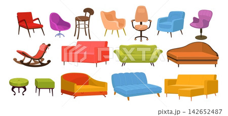 Upholstered sofas, armchairs and recliners. Modern and classic furniture designs. Cozy interior accents. Comfortable lounges. Ergonomic couches. Vector home furnishing isolated elements set Upholstered sofas, armchairs and recliners. Modern and classic furniture designs. Cozy interior accents. Comfortable lounges. Ergonomic couches. Vector home furnishing isolated elements set 142652487