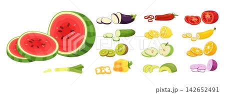 Chopped vegetables and fruits. Process of preparing vegetarian side dishes. Food cooking. Cutting ingredients. Watermelon, tomato and eggplant slices. Vegan product pieces vector set Chopped vegetables and fruits. Process of preparing vegetarian side dishes. Food cooking. Cutting ingredients. Watermelon, tomato and eggplant slices. Vegan product pieces vector set 142652491