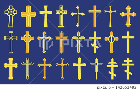 Christian cross. Religious symbols of various forms. Biblical crucifix. Silhouette gold holy signs. Catholicism, Orthodoxy or Protestantism denominations. Sacred church icons vector set 142652492