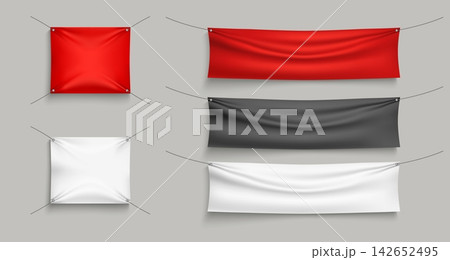 Colorful textile banners. Square hanging canvases. Red, black and white fabric billboards mockup. Advertising information. Marketing placard stretched with cords. Blank flags vector set Colorful textile banners. Square hanging canvases. Red, black and white fabric billboards mockup. Advertising information. Marketing placard stretched with cords. Blank flags vector set 142652495