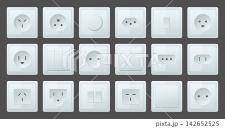 Socket and switch. Various types of insulated electrical connectors. Modern standard power supply. Internal components made of white plastic. Electric circuit port shapes vector set Socket and switch. Various types of insulated electrical connectors. Modern standard power supply. Internal components made of white plastic. Electric circuit port shapes vector set 142652525