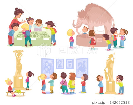 Cartoon like children at museum. Cheerful little ones examining exhibits. Curious boys and girls in art gallery and natural science exhibition. Educational kids excursion vector set Cartoon like children at museum. Cheerful little ones examining exhibits. Curious boys and girls in art gallery and natural science exhibition. Educational kids excursion vector set 142652538