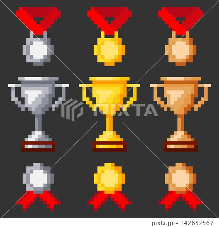 Pixelated cup in gold, silver and bronze. 8 bit sprite, cups and medals for winners. App reward. Achievement trophy. Arcade tournament reward badges. Retro video game elements vector set 142652567