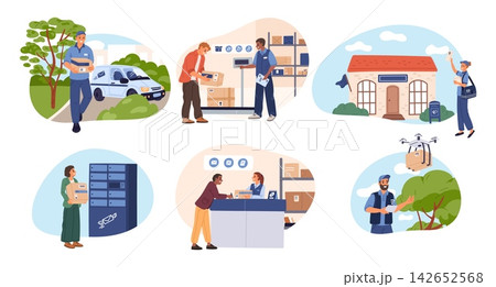 Postal service. Sending and receiving and processing packages or letters. Drone carrying cardboard boxes. Courier in uniform. Mailman work. Correspondence shipping. Vector concepts set Postal service. Sending and receiving and processing packages or letters. Drone carrying cardboard boxes. Courier in uniform. Mailman work. Correspondence shipping. Vector concepts set 142652568