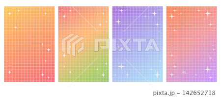 Trendy Y2K background with soft gradient, stars and sparkles. Retro aesthetic grid pattern in pastel blue, yellow and purple colors. Vector poster design with geometric shapes and holographic texture. 142652718