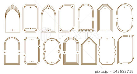Modern border shapes with stars. Aesthetic outline geometric elements with arched frames and sparkles. Minimal geometric figures for trendy design. Vector templates Modern border shapes with stars. Aesthetic outline geometric elements with arched frames and sparkles. Minimal geometric figures for trendy design. Vector templates 142652719