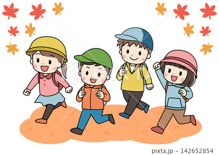 遠足にでかける秋の子供たちのイラスト 遠足にでかける秋の子供たちのイラスト 142652854