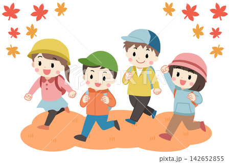 遠足にでかける秋の子供たちのイラスト 遠足にでかける秋の子供たちのイラスト 142652855