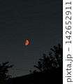 暗闇の夜空に幻想的に輝く赤い半月とシルエット 142652911