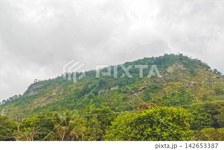 Tropical mountain jungle forest trees clouds and dark sky Brazil. Tropical mountain jungle forest trees clouds and dark sky Brazil. 142653387