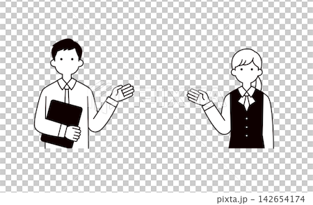 A set of vector illustrations of the upper bodies of young male and female business professionals guiding, introducing, and explaining. (Line art) A set of vector illustrations of the upper bodies of young male and female business professionals guiding, introducing, and explaining. (Line art) 142654174