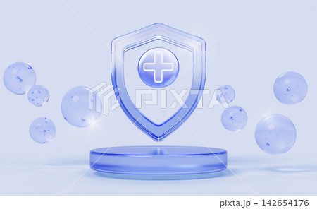 Medical 3D podium with blue glass shield, cross sign and water gel bubbles. Antibacterial soap, ointment, liquid medicine, antiseptic cream drops for infection protection, treat skin. 3D illustration 142654176