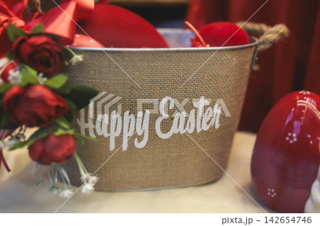 Easter in Greece, caffe and shop decorations, bunnies, multicoloured easter eggs, decorated shopwindow, Easter gifts and souvenirs, showcase, glass case, shopfront decorated in Athens, Attica, Greece 142654746