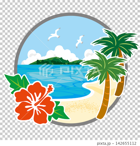 A tropical resort illustration featuring the sea, hibiscus flowers, and palm trees. A tropical resort illustration featuring the sea, hibiscus flowers, and palm trees. 142655112