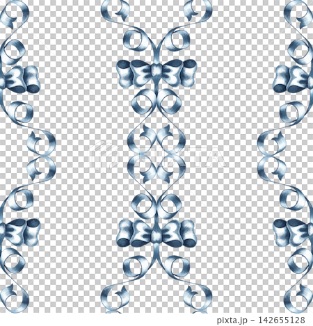A seamless pattern of blue bows and ribbons. Hand drawn watercolor illustration. Ideal for textiles, tablecloths and curtains, as well as for prints on clothing, wrapping paper, wallpaper and more. A seamless pattern of blue bows and ribbons. Hand drawn watercolor illustration. Ideal for textiles, tablecloths and curtains, as well as for prints on clothing, wrapping paper, wallpaper and more. 142655128