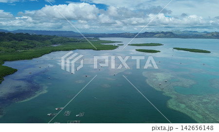 Fish farm with cages for fish and shrimp Fish farm with cages for fish and shrimp 142656148