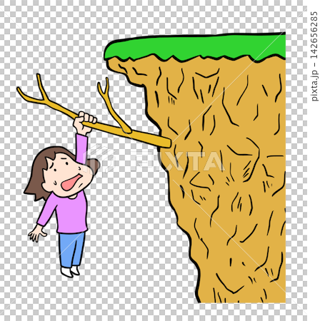 一幅滑稽的插圖,描繪了一位女子從懸崖上跌落,卻拼命抓住樹枝才得以倖存。 一幅滑稽的插圖,描繪了一位女子從懸崖上跌落,卻拼命抓住樹枝才得以倖存。 142656285