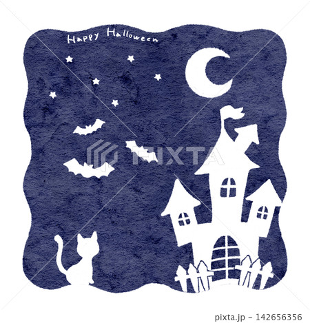 ハロウィンのお城と黒猫とコウモリのシルエットイラスト 142656356