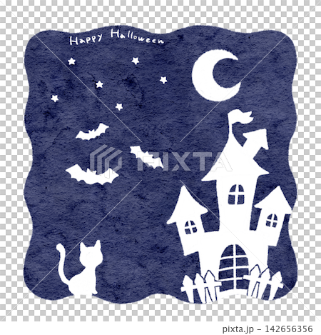ハロウィンのお城と黒猫とコウモリのシルエットイラスト 142656356
