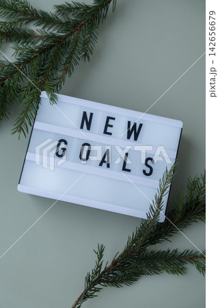 Motivational saying NEW GOALS. Aims setting concept. Strategy for self development improvement. Inspirational Planning better healthier life. Visual 142656679