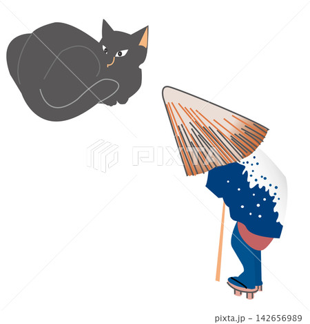 和傘を差す着物姿の女性と黒猫のイラスト/和風・浮世絵風・冬・雪・着物・素材セット 和傘を差す着物姿の女性と黒猫のイラスト/和風・浮世絵風・冬・雪・着物・素材セット 142656989