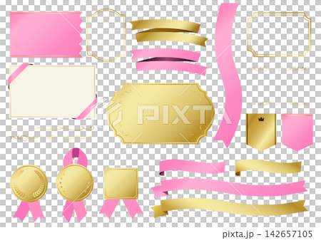 Gold frame, label, and ribbon illustration design material set (pink) Gold frame, label, and ribbon illustration design material set (pink) 142657105