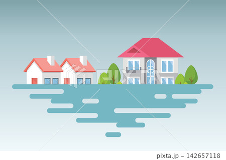 flood natural disaster in city with houses. flood natural disaster in city with houses. 142657118