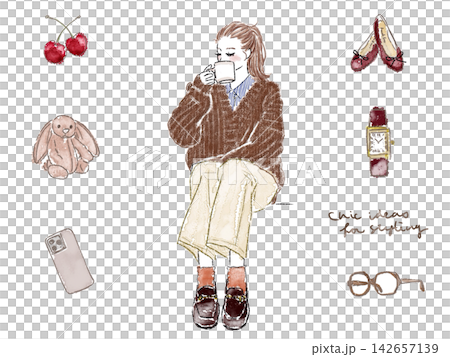A set of autumn/winter women sitting and drinking coffee. A set of autumn/winter women sitting and drinking coffee. 142657139