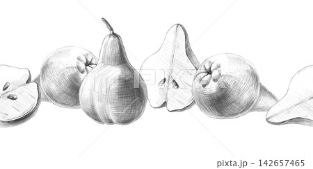 A seamless border with hand-drawn whole and sliced pears. Isolated pencil illustrations for menus, recipes, and printing on paper fruit bags and farm shops. 142657465