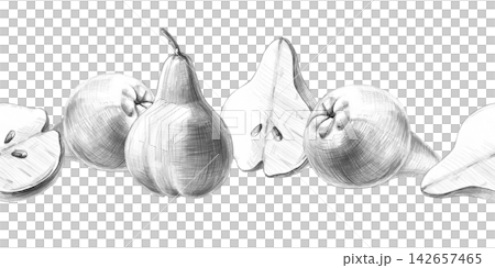 A seamless border with hand-drawn whole and sliced pears. Isolated pencil illustrations for menus, recipes, and printing on paper fruit bags and farm shops. 142657465