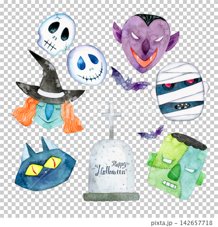 Halloween: Various Monsters and Creatures Set - Watercolor Illustrations Halloween: Various Monsters and Creatures Set - Watercolor Illustrations 142657718
