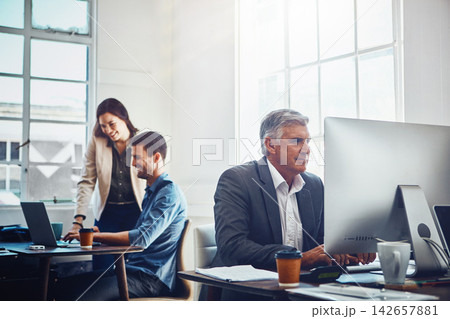 Office, talk and business people with manager for consult or question in company with discussion. Boss, technology and busy work environment with auditors in firm with employees support in Sweden. 142657881