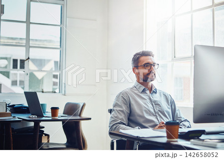 Business, man and happy by computer in office for contact us, crm and faq by desk at workplace. Professional, employee and loan consultant with pc at work for client advice, communication and reading Business, man and happy by computer in office for contact us, crm and faq by desk at workplace. Professional, employee and loan consultant with pc at work for client advice, communication and reading 142658052