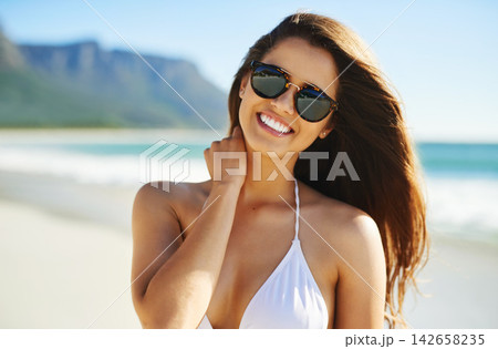 Portrait, beach and woman with sunglasses, travel and holiday with tropical island, summer and weekend break. Face, person and girl with eyewear, seaside and Bali for getaway trip, smile or adventure Portrait, beach and woman with sunglasses, travel and holiday with tropical island, summer and weekend break. Face, person and girl with eyewear, seaside and Bali for getaway trip, smile or adventure 142658235
