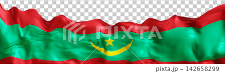 The flag of Mauritania is shown with a vivid green and red design on a white background. The layout features a crescent and star with smooth flowing lines that create depth The flag of Mauritania is shown with a vivid green and red design on a white background. The layout features a crescent and star with smooth flowing lines that create depth 142658299