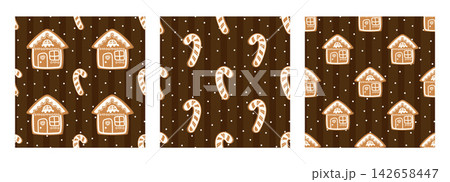 Snowflake gingham line pattern for christmas background with checkered. Texture and snowman motif lollipop and new year elements. Winter biscuit bg and seamless illustration set cover. 142658447