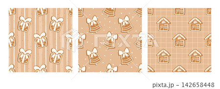 Texture gingham snowman pattern for festive new year. Christmas background snowflake details with hohoho lettering and checkered. Line vector design for seamless holiday look candy. 142658448