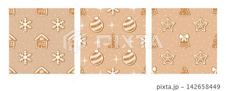 Pattern bg new year vector illustration with snowman and snowflake. Motifs for festive design christmas tree texture and cover details. Alongside tree print and cookie pattern for holiday. 142658449
