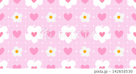 Flower background pattern for gingham girly heart and daisy seamless cute. Vector kawaii stripe for pink plaid tiny and texture easter fashion. Core repeat dot for wallpaper cottage fabric. Flower background pattern for gingham girly heart and daisy seamless cute. Vector kawaii stripe for pink plaid tiny and texture easter fashion. Core repeat dot for wallpaper cottage fabric. 142658530