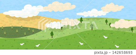 Nature sky green for illustration watercolour field and summer background watercolor. Grass view bird for card cloud floral and texture layout scene. Blue print japanese for poster outdoor hill. 142658693
