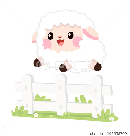 Cute Lamb Jumping Over White Fence In Green Farm Meadow 142658709