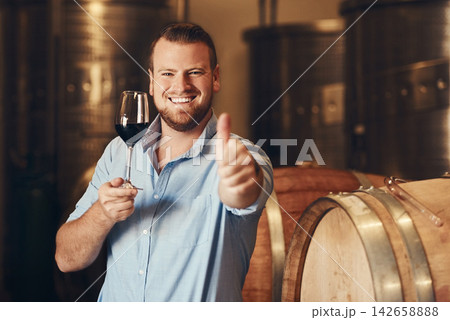 Portrait, man and glass of wine with thumbs up, thank you and agreement with smile in distillery. Male sommelier, happy and excited with hand gesture, beverage or satisfaction after tasting or drink 142658888