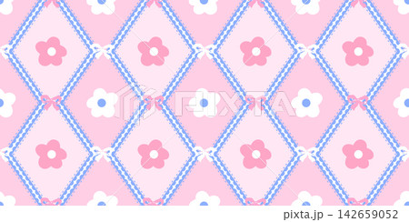 Pattern daisy girly with vector heart seamless and cute gingham flower. Rhombus cover design with tiny texture romantic and spring stripe blossom. Background vintage plaid with coquette. 142659052