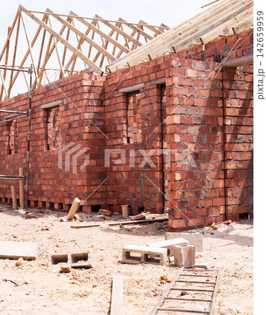 Construction, brick wall and cement for house in community with architecture, property management and real estate. Home, stone and plan in Australia for project with concrete, wood and window frame Construction, brick wall and cement for house in community with architecture, property management and real estate. Home, stone and plan in Australia for project with concrete, wood and window frame 142659959