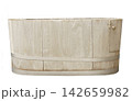Antique oval wooden bathtub isolated. Rustic handcrafted oak tub with metal bands and small side door. Vintage laundry wash basin or spa soaking tub for bathroom interior decor. 142659982